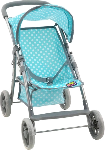 Passeggino tipo ombrello per bambola color menta con pois e cestino