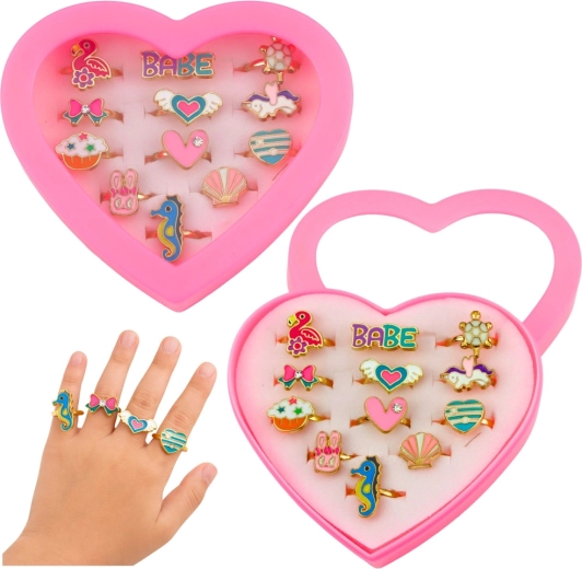 Set di anellini regolabili per bambini in astuccio a forma di cuore, 12 pz