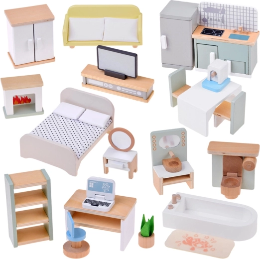 Mobili in legno per casa delle bambole – 28 pezzi (cucina, soggiorno, camera da letto, bagno, studio)