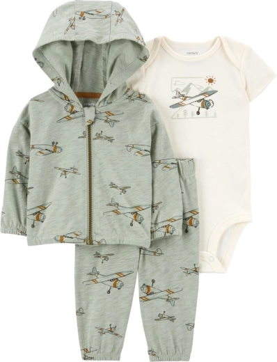 Carter’s set 3 pezzi per bambino con felpa e aereo, body e pantaloni, verde (taglia 56)