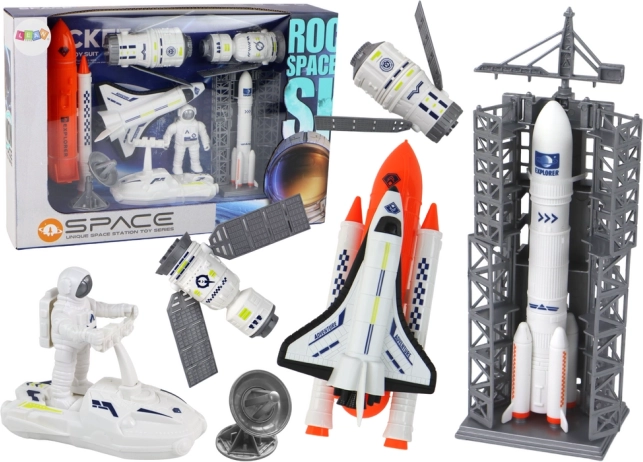 set spaziale per bambini con razzo, shuttle e satelliti 8 pezzi