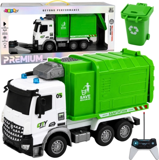 Camion della spazzatura RC radiocomandato con luci e cestino 1:14