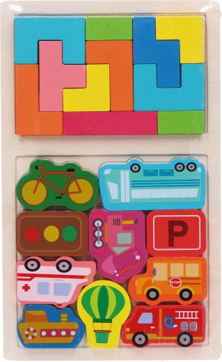 Puzzle in legno con forme e mezzi di trasporto