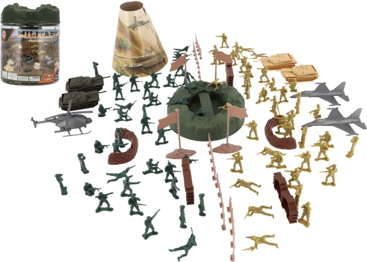 set militare di soldatini 110 pezzi in barattolo di plastica