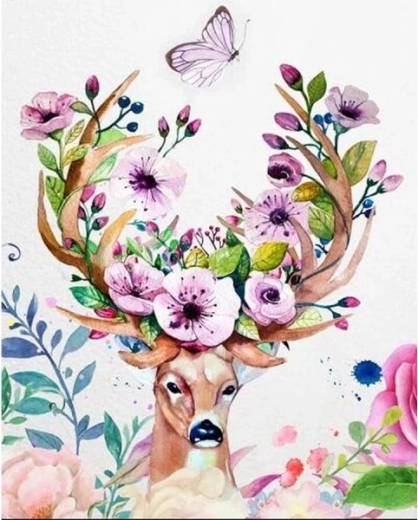 Pittura con diamanti – cervo con corna floreali 30 × 40 cm