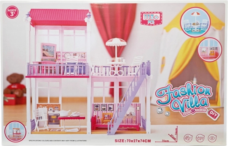 Casa delle bambole a più piani con mobili e accessori, 112 pezzi