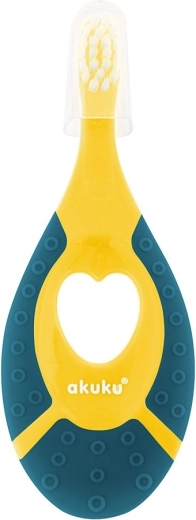 Akuku primo spazzolino da denti con massaggiagengive in silicone verde-giallo