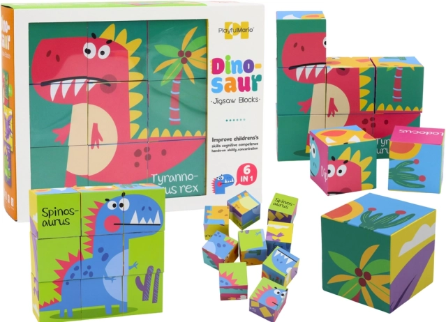 Puzzle educativi a cubi 6 in 1 Mondo Dino, 9 pezzi