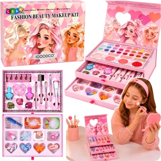 Beauty case cosmetico rosa per bambine – set trucco con specchietto e cassetti