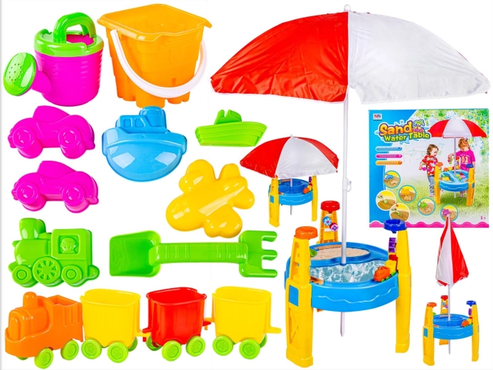 Sabbiera 2in1 – tavolino per acqua e sabbia con ombrellone e accessori