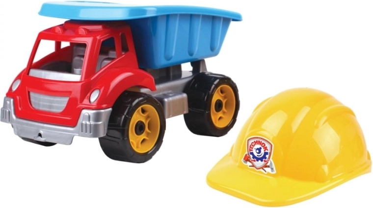 Camion ribaltabile in plastica con casco per piccoli costruttori