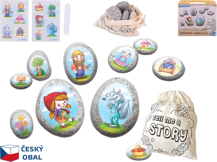 Set di sassolini fiabesco con Cappuccetto Rosso e adesivi
