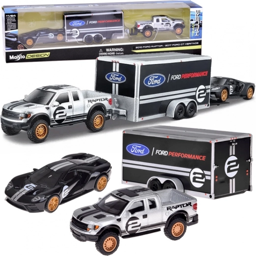 Set in metallo Maisto 1:64 – FORD Raptor con rimorchio e FORD GT Heritage