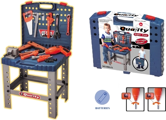 Banco da lavoro per bambini in valigetta con attrezzi e trapano elettrico