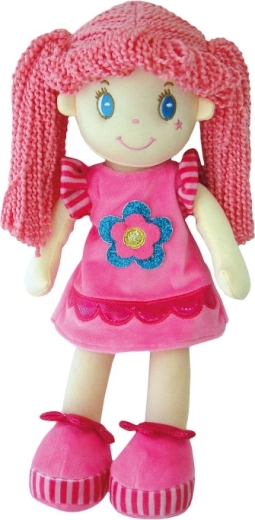 Bambola di stoffa in abito rosa con fiore