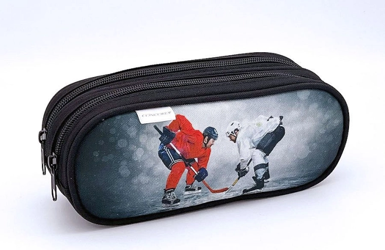 Astuccio con motivo di hockey su ghiaccio, 2 cerniere, grigio
