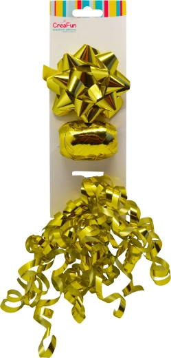 Set regalo in oro metallizzato – fiocco 9 cm, nastro 10 m, fiocchino 6 mm (3 pz)
