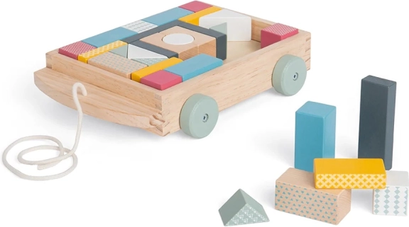 Carrello trainabile in legno Bigjigs Toys con blocchi