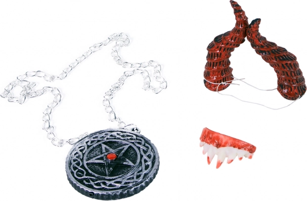 Set di accessori da diavolo – corna, collana e denti da vampiro