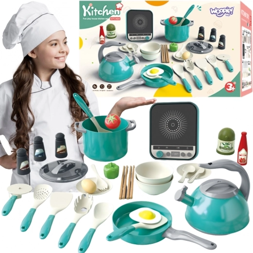Woopie cucina giocattolo con piano a induzione – pentole, padella e bollitore, 30 pezzi, verde