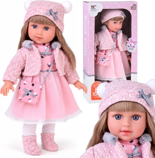 Bambola di 43 cm con capelli lunghi, vestito rosa e cappottino