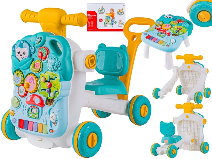 Cavalcabile e girello interattivo multifunzione 4 in 1 con tavolino educativo, blu