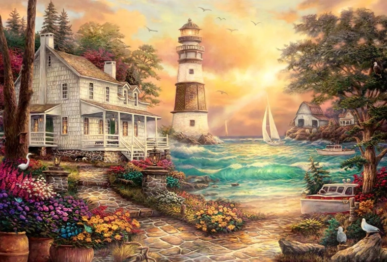 Pittura con diamanti Faro sul mare 30x40cm