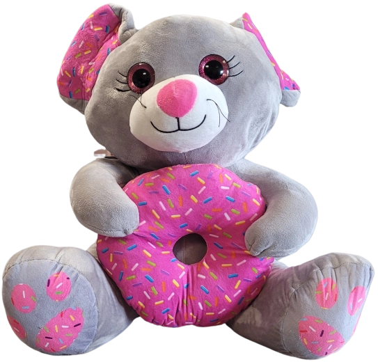 Topolino di peluche grigio con donut rosa 45 cm