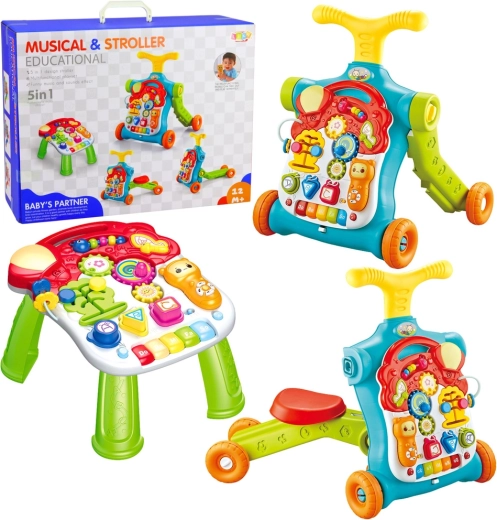 Girello multifunzionale 5 in 1 con pannello interattivo rimovibile, cavalcabile, monopattino e tavolino educativo