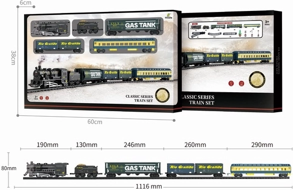 Set ferroviario con locomotiva a vapore e vagoni