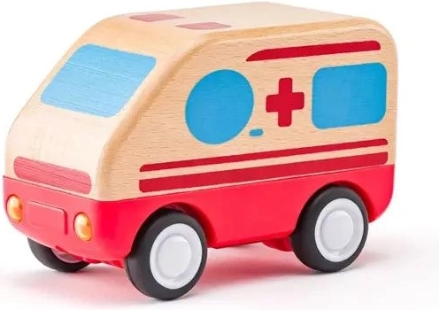Ambulanza giocattolo in legno Woody a frizione con luci e suoni