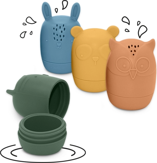 Giochi d’acqua in silicone Petite&Mars Amigos, 4 pz, 6m+