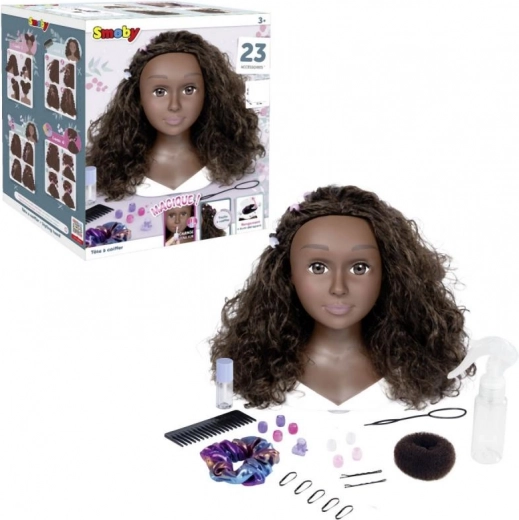 testa per acconciature afro con accessori e trucco magico