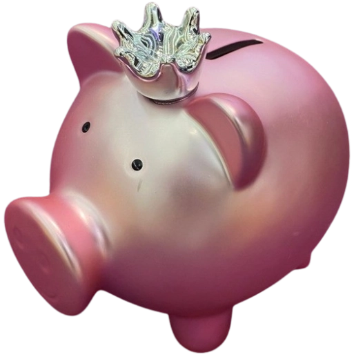 Salvadanio in ceramica a forma di maialino con corona
