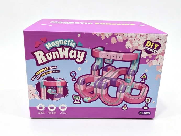 Pista automobilistica magnetica colorata rosa, 69 pezzi