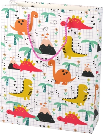 Borsa regalo con dinosauri, motivo a quadri, 32 × 26 × 10 cm