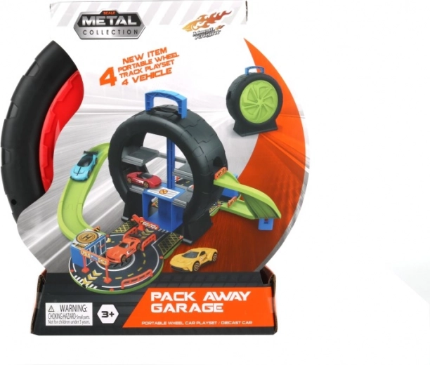 Set di gioco nella valigia a forma di pneumatico con 4 macchinine