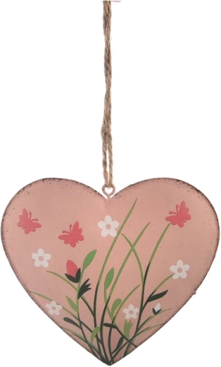 Decorazione metallica sospesa a forma di cuore con motivo floreale rosa
