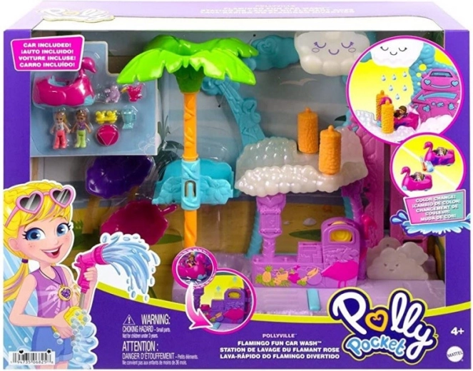 Polly Pocket Autolavaggio del Fenicottero – set di gioco con auto che cambia colore
