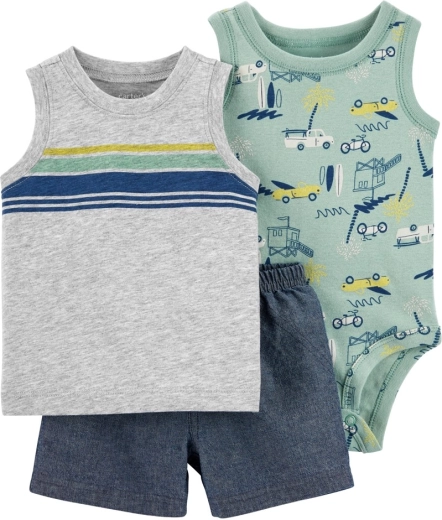 CARTER'S set 3 pezzi: body senza maniche, canotta e pantaloncini Grey Cars per bambino – NB