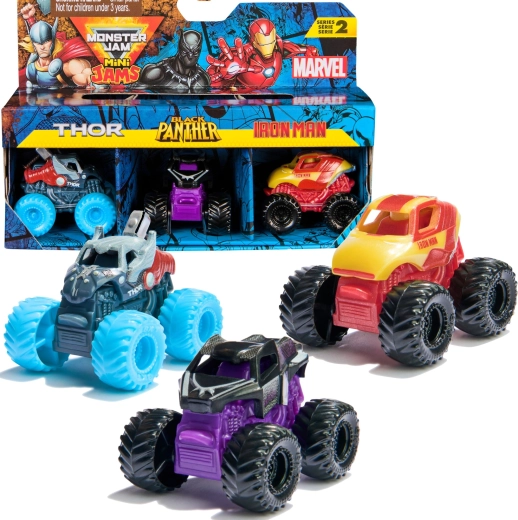 Monster Jam Mini Jams Marvel Thor, Black Panther e Iron Man - 3 pezzi