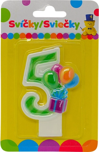 Candela di compleanno numero 5 con palloncini