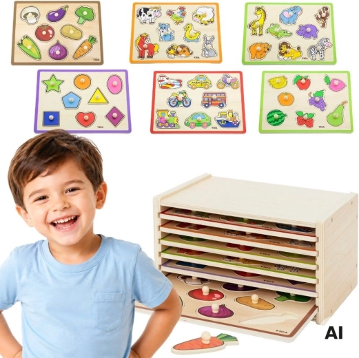 VIGA puzzle a incastro in legno con maniglie e supporto (6 tavole)