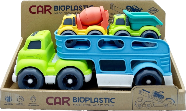 Camion trasportatore in bioplastica con 2 veicoli (betoniera e dumper) 37 cm