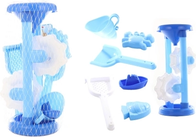 Mulino blu per sabbia e acqua per bambini con formine
