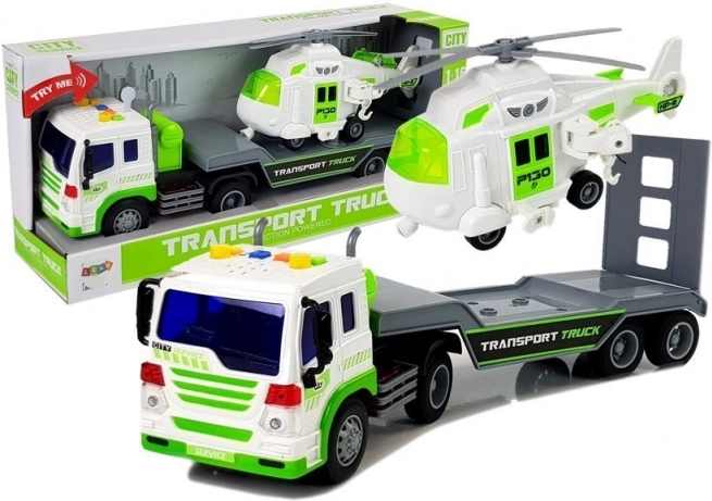 Camion con pianale e elicottero 1:16 a batteria