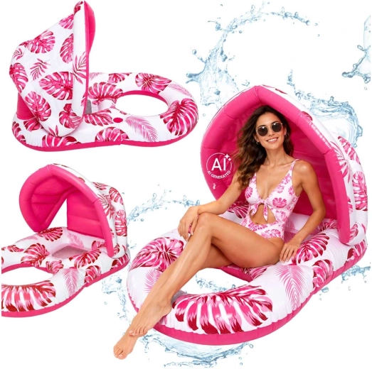 Lettino gonfiabile per bambini da acqua con schienale e tettuccio parasole rosa
