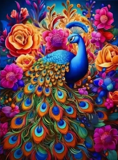 Pittura diamantata pavone con fiori colorati 30 × 40 cm