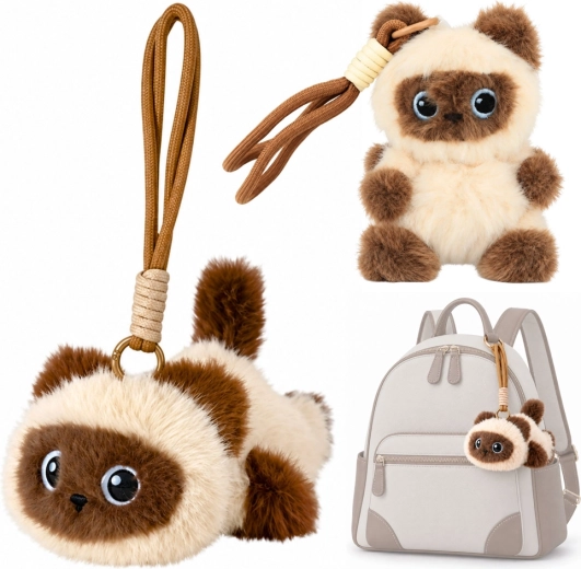 Portachiavi peluche a forma di gattino per zaino e borsa, color crema e marrone, 12 cm