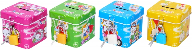 Salvadanaio in latta con serratura a cubo 6,5 × 6 cm, vari colori